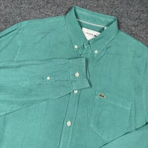Lacoste Men's Size L Regular Fit  Linen Shirt Green Long Sleeve Pocket